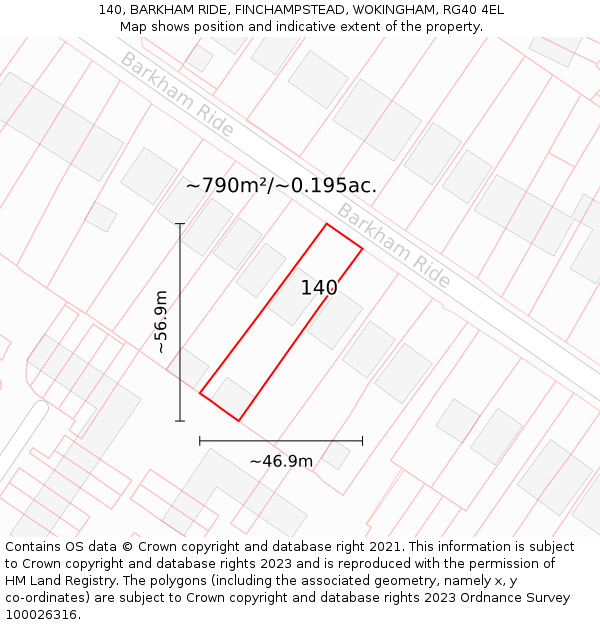 140, BARKHAM RIDE, FINCHAMPSTEAD, WOKINGHAM, RG40 4EL: Plot and title map