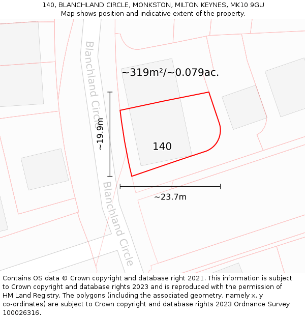 140, BLANCHLAND CIRCLE, MONKSTON, MILTON KEYNES, MK10 9GU: Plot and title map