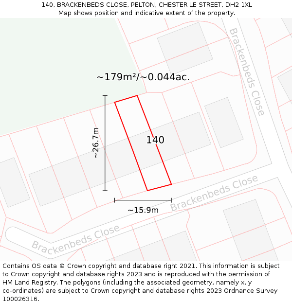 140, BRACKENBEDS CLOSE, PELTON, CHESTER LE STREET, DH2 1XL: Plot and title map