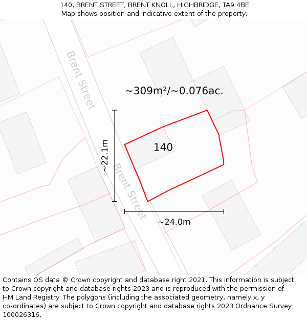 140, BRENT STREET, BRENT KNOLL, HIGHBRIDGE, TA9 4BE: Plot and title map