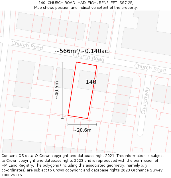 140, CHURCH ROAD, HADLEIGH, BENFLEET, SS7 2EJ: Plot and title map