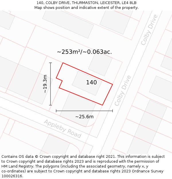 140, COLBY DRIVE, THURMASTON, LEICESTER, LE4 8LB: Plot and title map