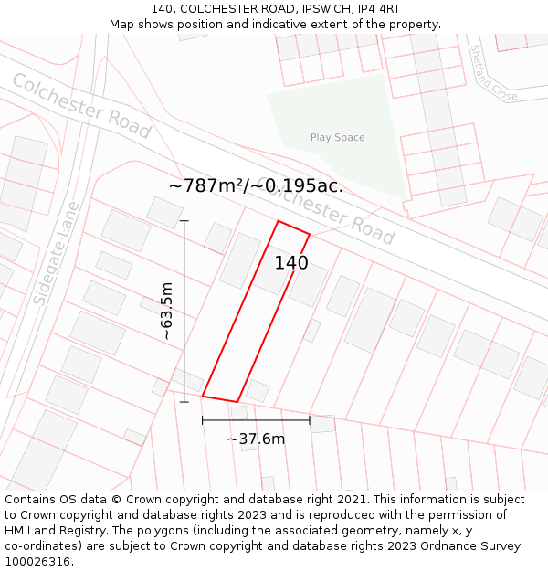 140, COLCHESTER ROAD, IPSWICH, IP4 4RT: Plot and title map