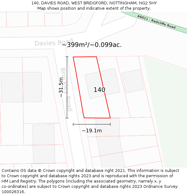 140, DAVIES ROAD, WEST BRIDGFORD, NOTTINGHAM, NG2 5HY: Plot and title map