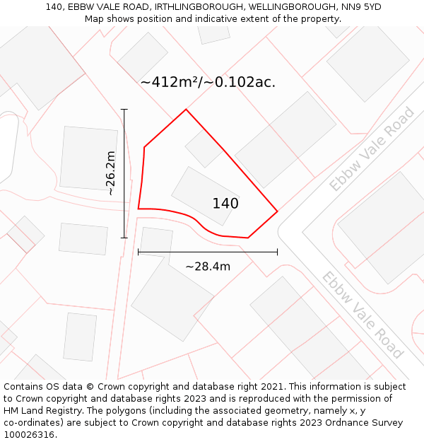 140, EBBW VALE ROAD, IRTHLINGBOROUGH, WELLINGBOROUGH, NN9 5YD: Plot and title map