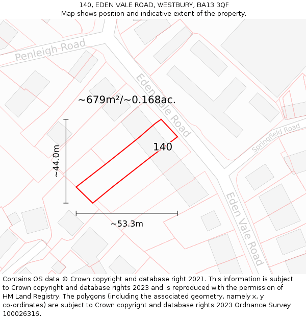 140, EDEN VALE ROAD, WESTBURY, BA13 3QF: Plot and title map