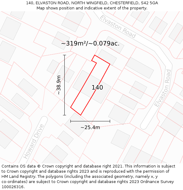 140, ELVASTON ROAD, NORTH WINGFIELD, CHESTERFIELD, S42 5GA: Plot and title map