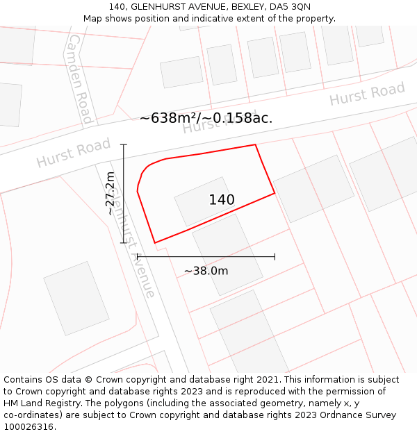 140, GLENHURST AVENUE, BEXLEY, DA5 3QN: Plot and title map