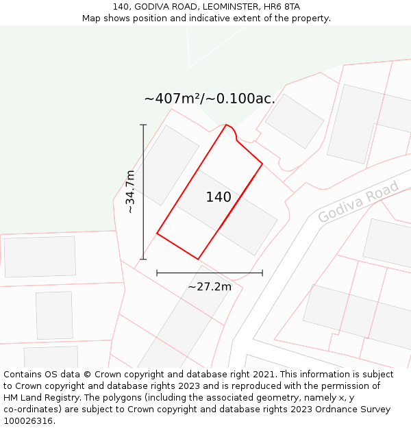 140, GODIVA ROAD, LEOMINSTER, HR6 8TA: Plot and title map