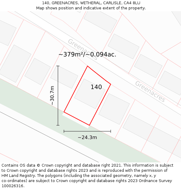 140, GREENACRES, WETHERAL, CARLISLE, CA4 8LU: Plot and title map