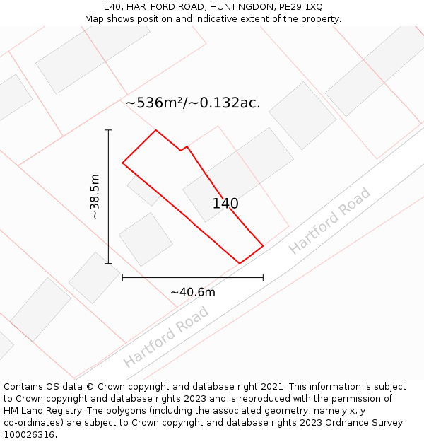 140, HARTFORD ROAD, HUNTINGDON, PE29 1XQ: Plot and title map