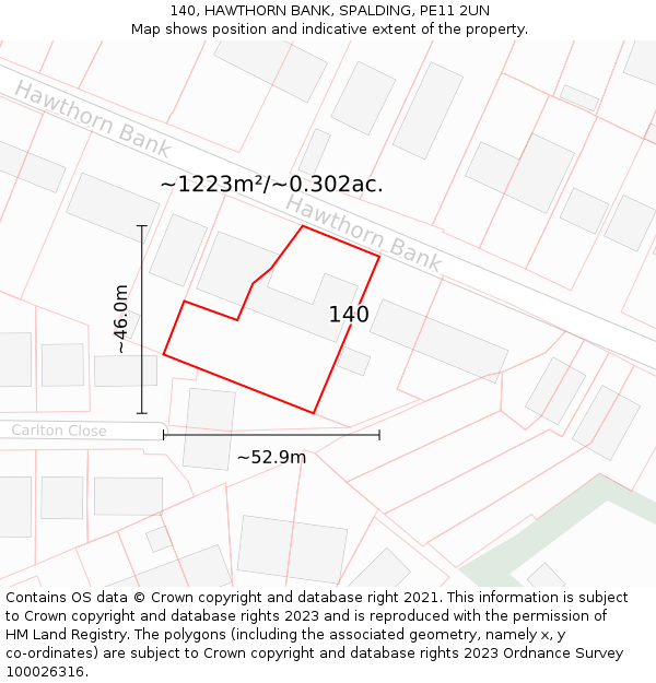 140, HAWTHORN BANK, SPALDING, PE11 2UN: Plot and title map