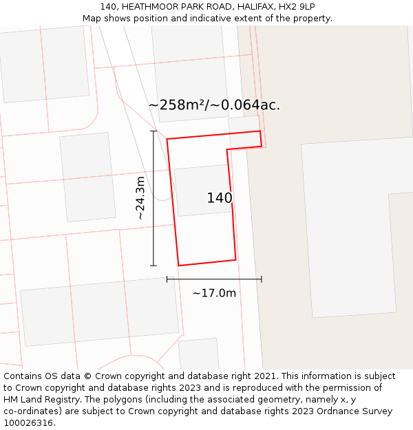 140, HEATHMOOR PARK ROAD, HALIFAX, HX2 9LP: Plot and title map