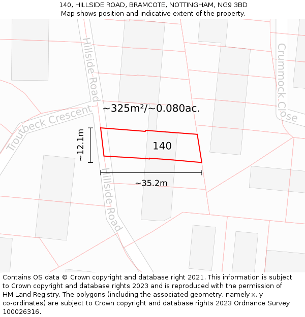 140, HILLSIDE ROAD, BRAMCOTE, NOTTINGHAM, NG9 3BD: Plot and title map