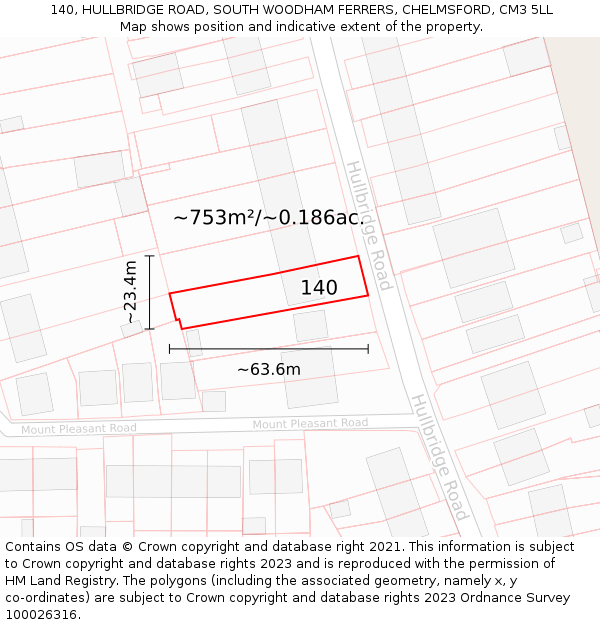 140, HULLBRIDGE ROAD, SOUTH WOODHAM FERRERS, CHELMSFORD, CM3 5LL: Plot and title map