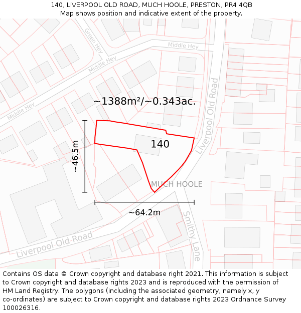 140, LIVERPOOL OLD ROAD, MUCH HOOLE, PRESTON, PR4 4QB: Plot and title map