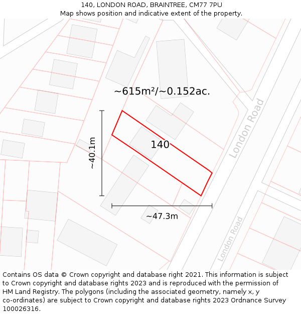 140, LONDON ROAD, BRAINTREE, CM77 7PU: Plot and title map