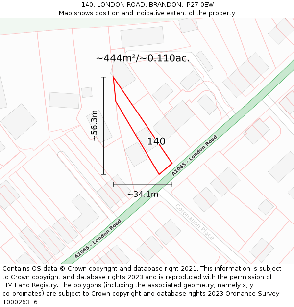 140, LONDON ROAD, BRANDON, IP27 0EW: Plot and title map