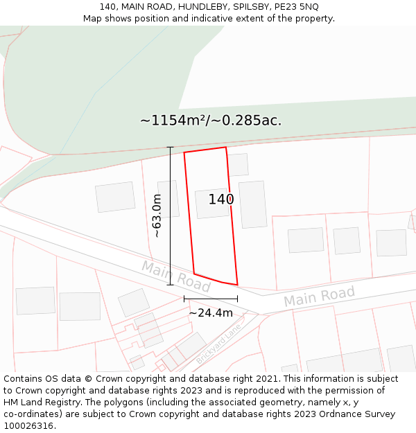 140, MAIN ROAD, HUNDLEBY, SPILSBY, PE23 5NQ: Plot and title map