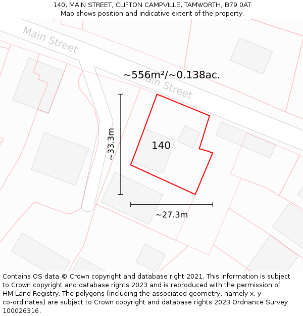 140, MAIN STREET, CLIFTON CAMPVILLE, TAMWORTH, B79 0AT: Plot and title map