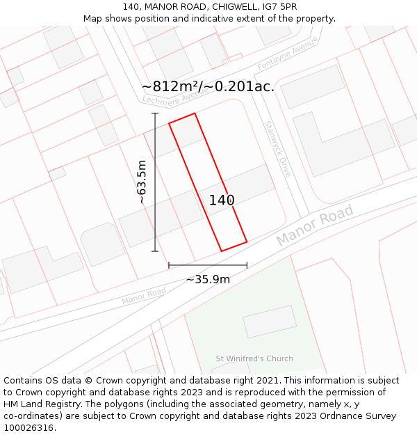 140, MANOR ROAD, CHIGWELL, IG7 5PR: Plot and title map