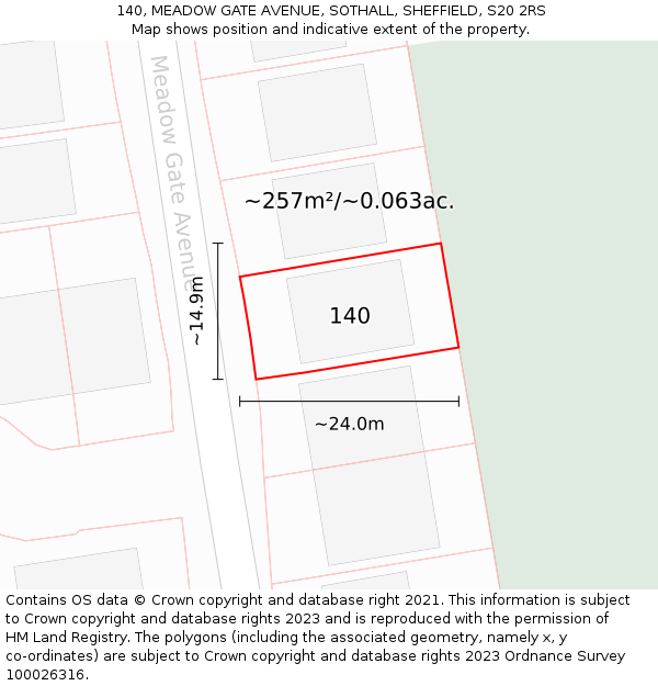 140, MEADOW GATE AVENUE, SOTHALL, SHEFFIELD, S20 2RS: Plot and title map