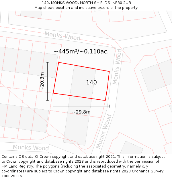 140, MONKS WOOD, NORTH SHIELDS, NE30 2UB: Plot and title map