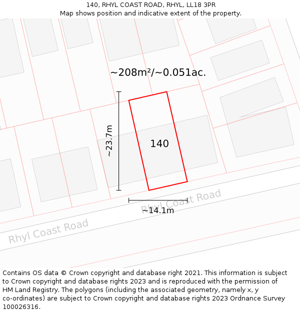 140, RHYL COAST ROAD, RHYL, LL18 3PR: Plot and title map