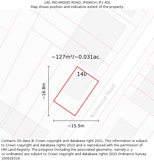 140, RICHMOND ROAD, IPSWICH, IP1 4DL: Plot and title map