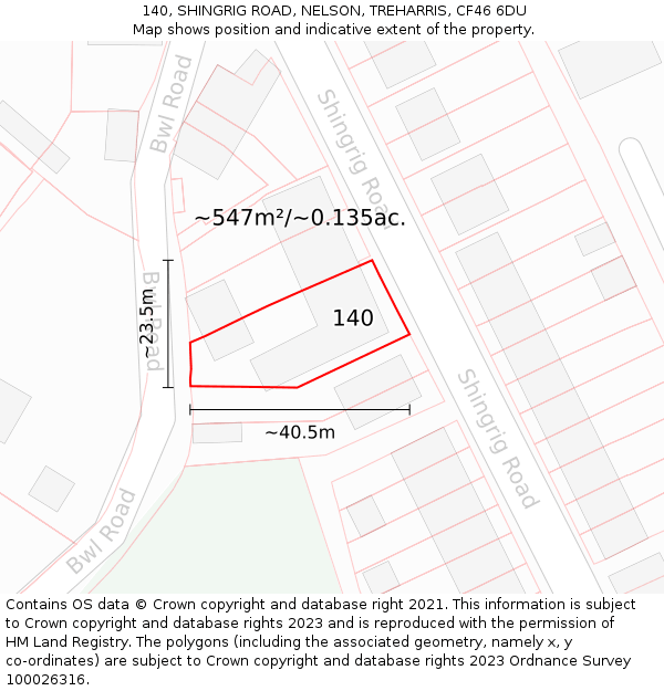 140, SHINGRIG ROAD, NELSON, TREHARRIS, CF46 6DU: Plot and title map