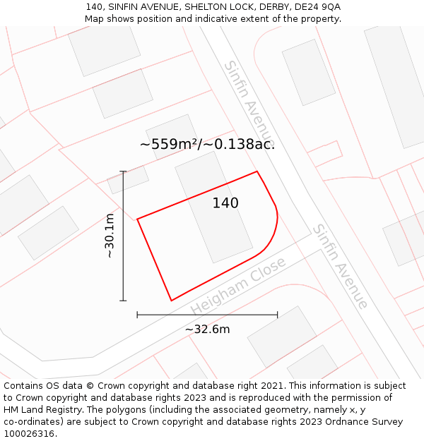 140, SINFIN AVENUE, SHELTON LOCK, DERBY, DE24 9QA: Plot and title map