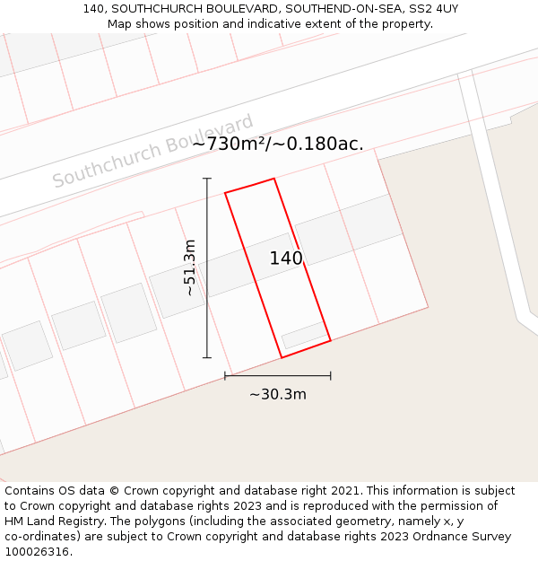 140, SOUTHCHURCH BOULEVARD, SOUTHEND-ON-SEA, SS2 4UY: Plot and title map