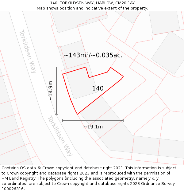 140, TORKILDSEN WAY, HARLOW, CM20 1AY: Plot and title map