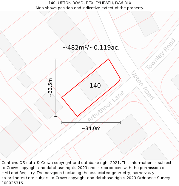 140, UPTON ROAD, BEXLEYHEATH, DA6 8LX: Plot and title map