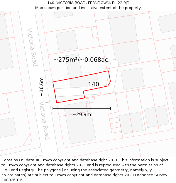 140, VICTORIA ROAD, FERNDOWN, BH22 9JD: Plot and title map