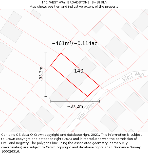 140, WEST WAY, BROADSTONE, BH18 9LN: Plot and title map