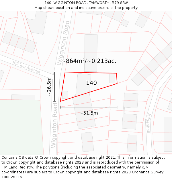 140, WIGGINTON ROAD, TAMWORTH, B79 8RW: Plot and title map