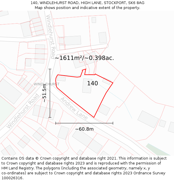 140, WINDLEHURST ROAD, HIGH LANE, STOCKPORT, SK6 8AG: Plot and title map