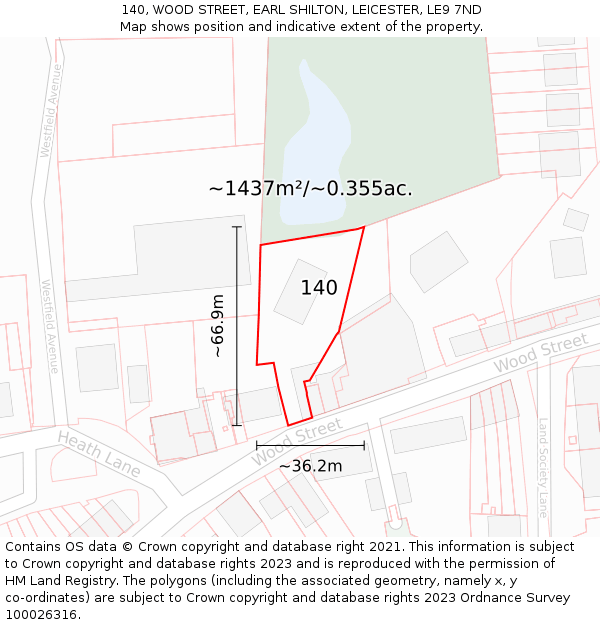 140, WOOD STREET, EARL SHILTON, LEICESTER, LE9 7ND: Plot and title map