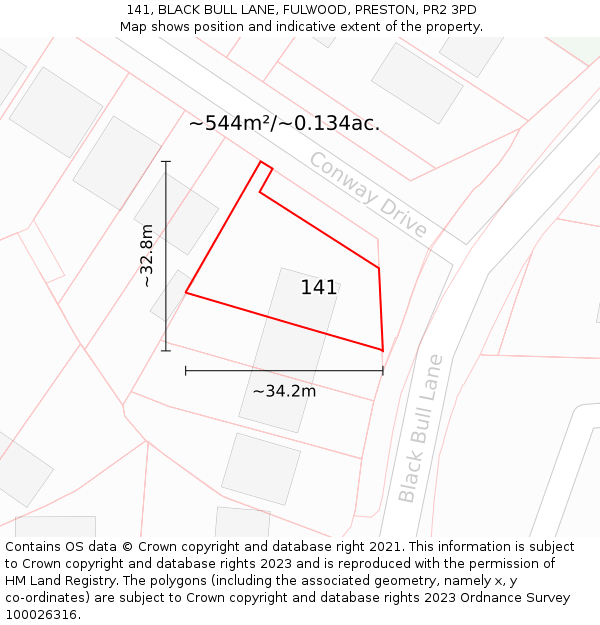 141, BLACK BULL LANE, FULWOOD, PRESTON, PR2 3PD: Plot and title map