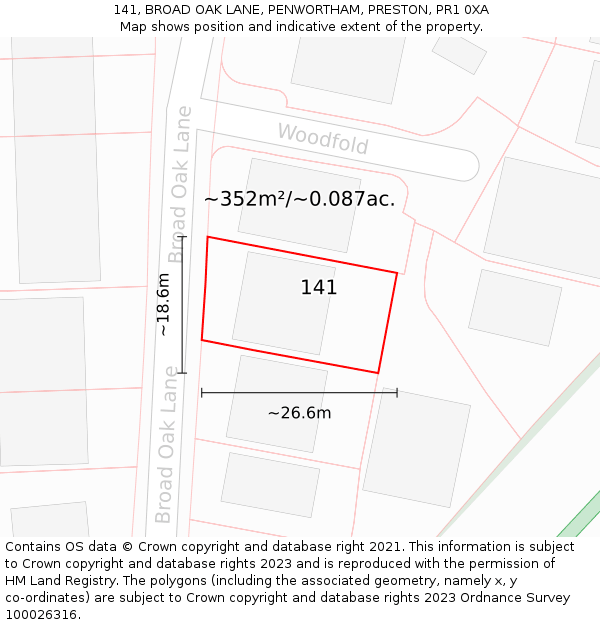 141, BROAD OAK LANE, PENWORTHAM, PRESTON, PR1 0XA: Plot and title map