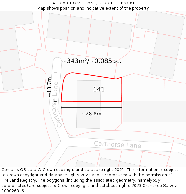 141, CARTHORSE LANE, REDDITCH, B97 6TL: Plot and title map