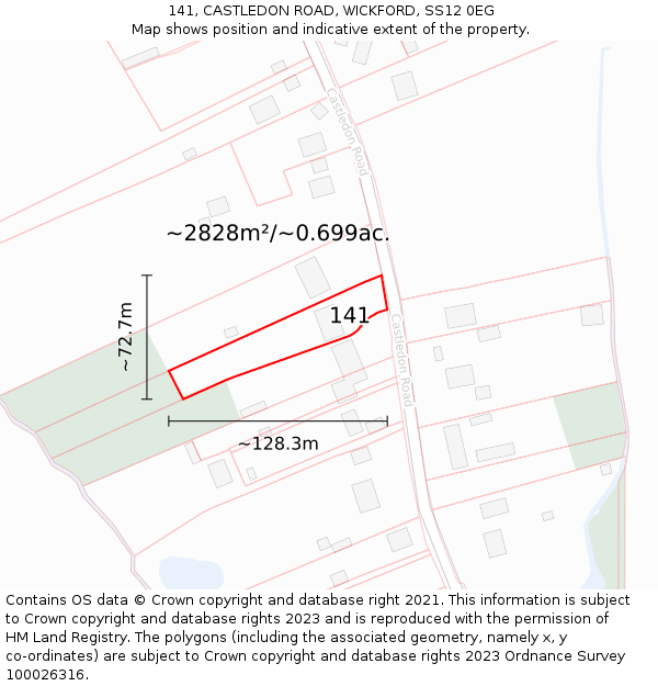 141, CASTLEDON ROAD, WICKFORD, SS12 0EG: Plot and title map