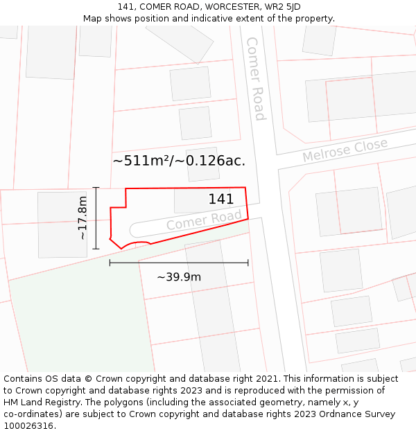 141, COMER ROAD, WORCESTER, WR2 5JD: Plot and title map