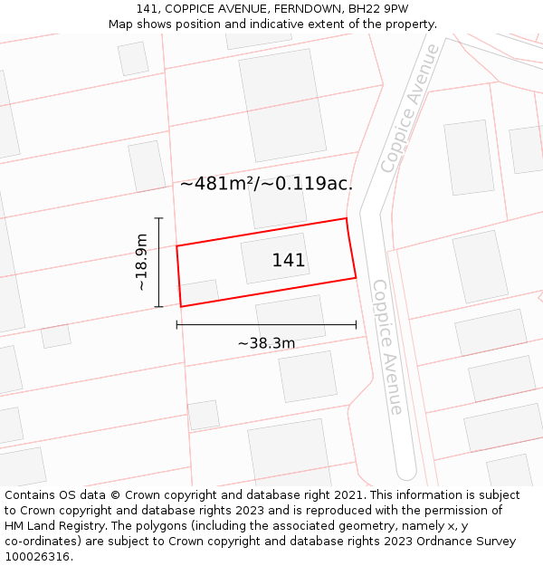 141, COPPICE AVENUE, FERNDOWN, BH22 9PW: Plot and title map