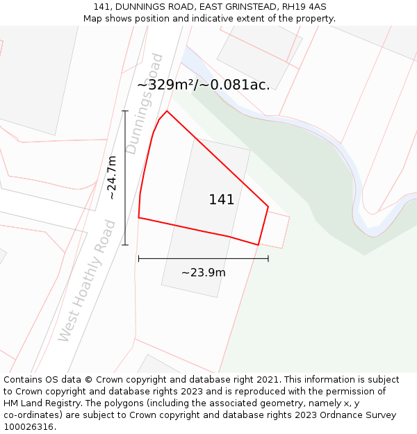 141, DUNNINGS ROAD, EAST GRINSTEAD, RH19 4AS: Plot and title map