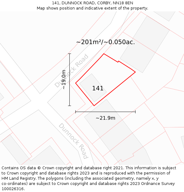 141, DUNNOCK ROAD, CORBY, NN18 8EN: Plot and title map