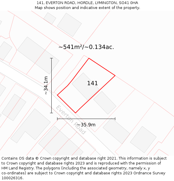 141, EVERTON ROAD, HORDLE, LYMINGTON, SO41 0HA: Plot and title map