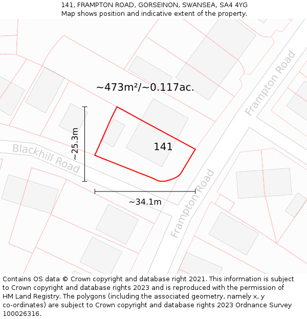 141, FRAMPTON ROAD, GORSEINON, SWANSEA, SA4 4YG: Plot and title map