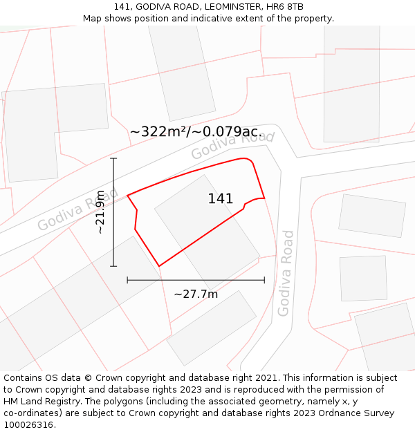 141, GODIVA ROAD, LEOMINSTER, HR6 8TB: Plot and title map